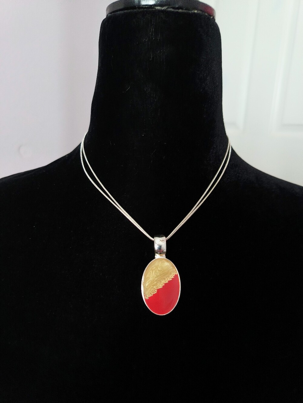 KC Silver Toned Double Strand Red and Gold Oval Pendant Necklace